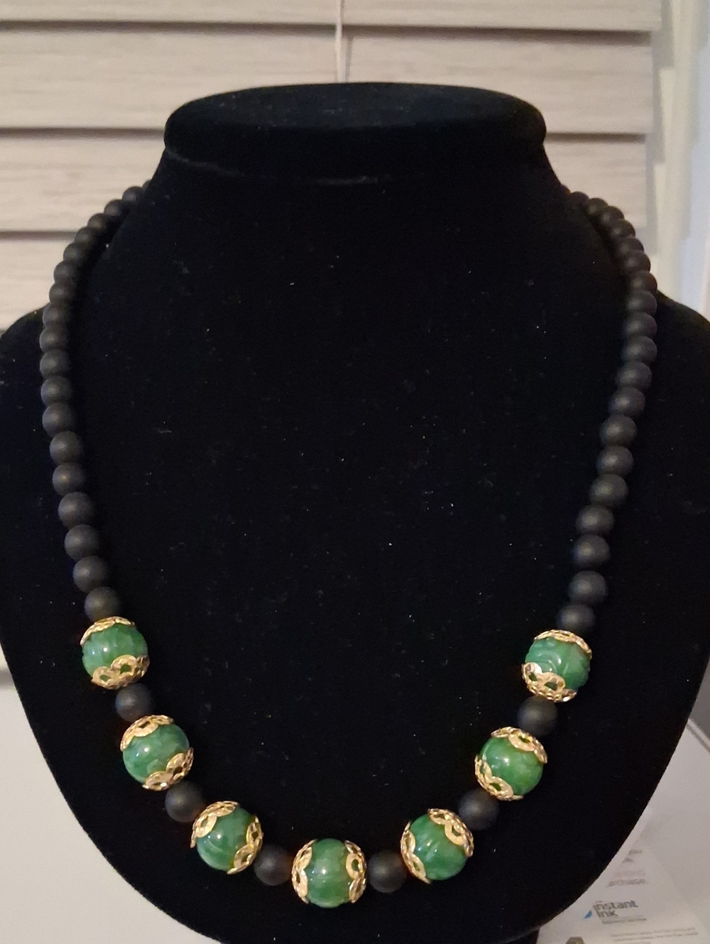Handcrafted Carved Green Jade/Black Beaded Necklace with 18K Goldplated Accents